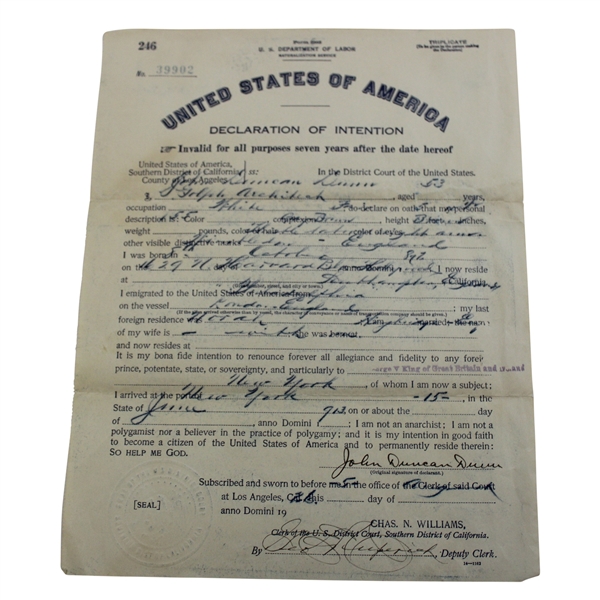 John Duncan Dunn Signed United States Dept. of Labor US Visa Application Form JSA ALOA