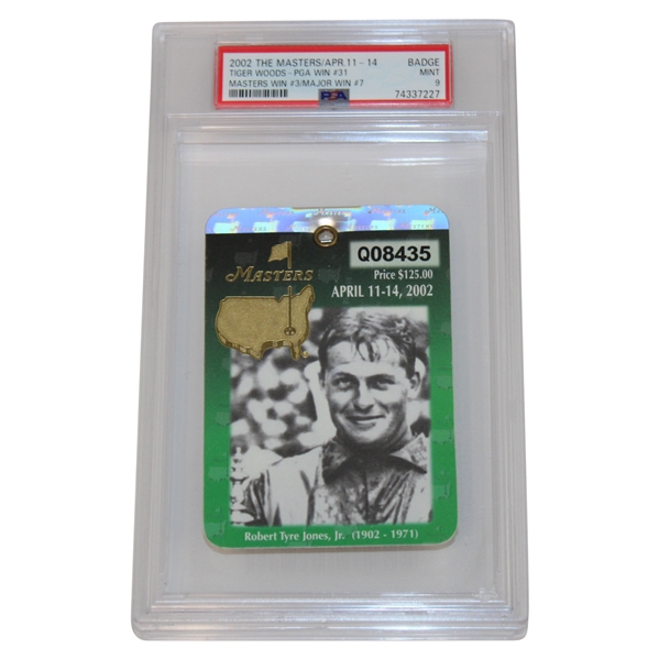 2002 Masters SERIES Badge #Q08435 - Tiger Woods 3rd Masters Win - PSA MINT 9