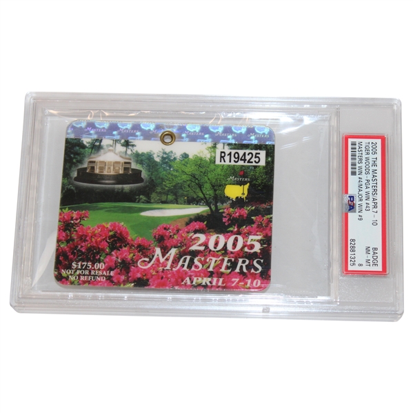2005 Masters SERIES Badge #R19425 - Tiger Woods 4th Masters Win - PSA NM-MT 8
