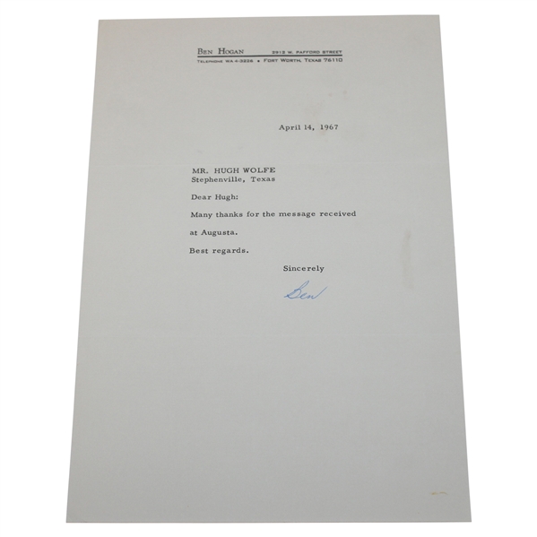 Ben Hogan Signed Typed Letter 4/14/67 JSA ALOA