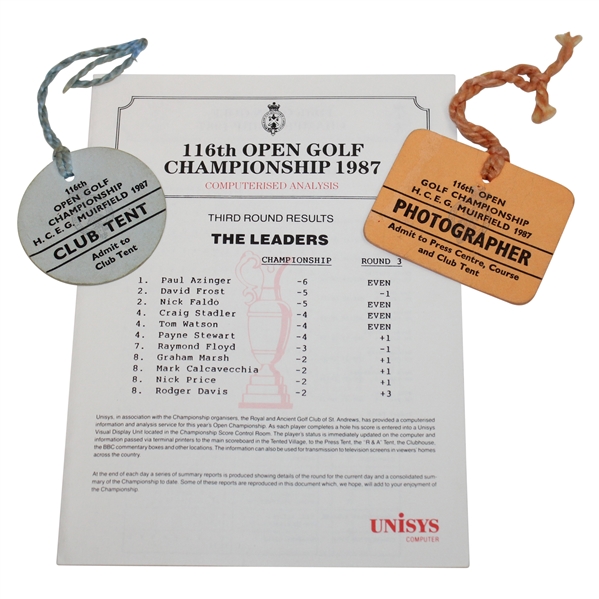 Three (3) 1987 British Open Ephemera & Badges, 3rd Round Results