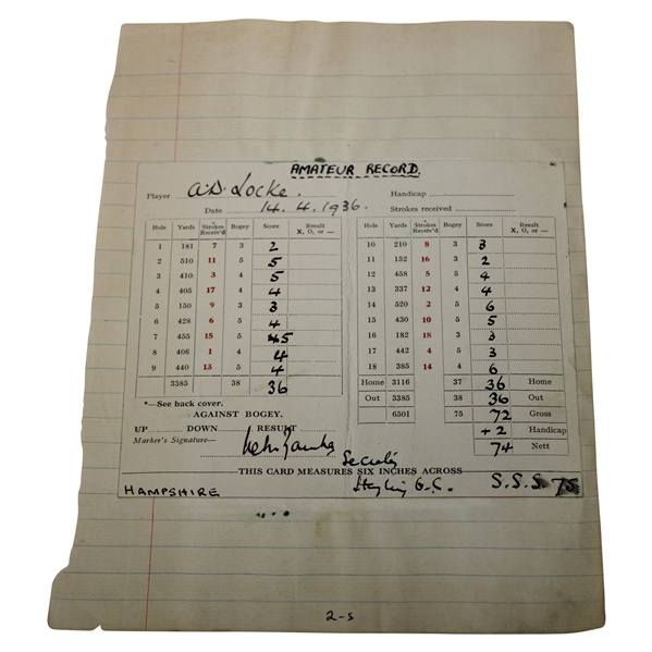 1936 Scorecard From Bobby Lockes Scrapbook