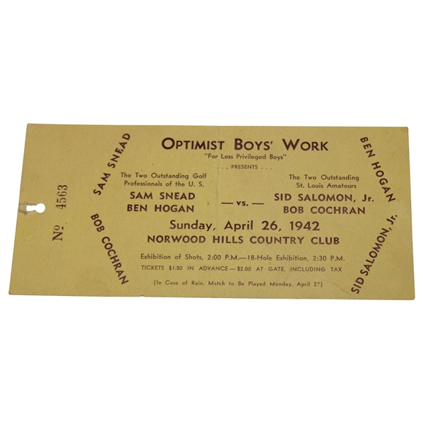 1942 Ben Hogan And Sam Snead Vs 2 Amateurs Exhibition Ticket