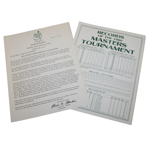 1981 Augusta National Golf Club Press Release Regarding Honorary Starters & 1980 Records Of The Masters