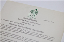 1981 Augusta National Golf Club Press Release Regarding Honorary Starters & 1980 Records Of The Masters