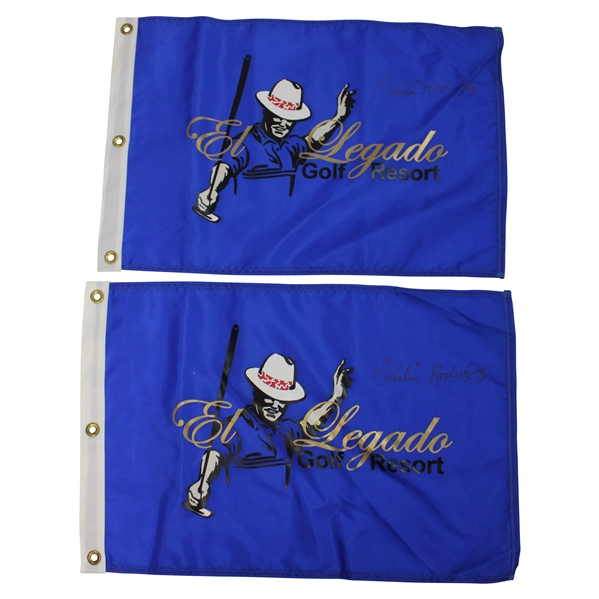 Two (2) Chi Chi Rodriguez Signed El Legado Golf Resort Blue Screen Flags JSA ALOA