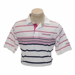 Chi Chi Rodriguezs Personal Pickering Pink & Navy Striped Polo w/Sponsor - M
