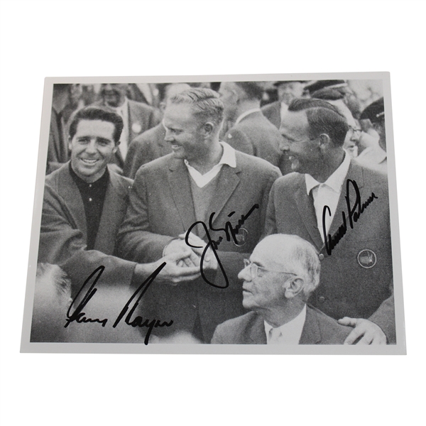 Big 3 Palmer, Nicklaus & Player Signed 1965 Masters Green Jackets 8x10 B&W Photo JSA ALOA
