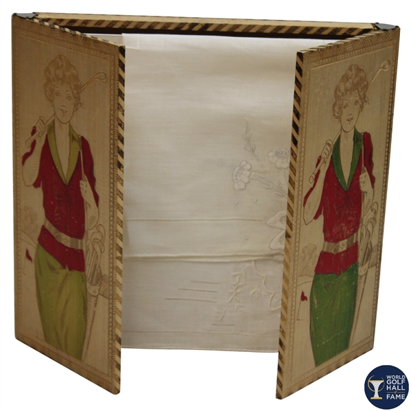 Circa 1930 Lady Golfer Themed Wood Handkerchief Box w/Original Handkerchiefs