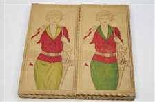 Circa 1930 Lady Golfer Themed Wood Handkerchief Box w/Original Handkerchiefs