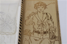 Circa 1930 Lady Golfer Themed Wood Handkerchief Box w/Original Handkerchiefs