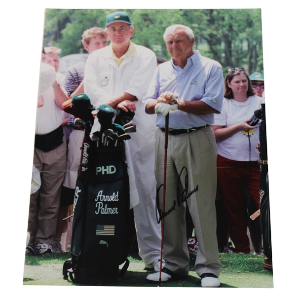 Arnold Palmer Signed Augusta Tee Box w/Caddy & Golf Bag 11x14 Original Photo JSA ALOA