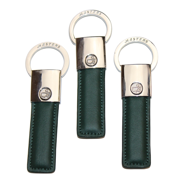 Three (3) Masters Tournament Logo Silver Tone with Green Leather Keychains
