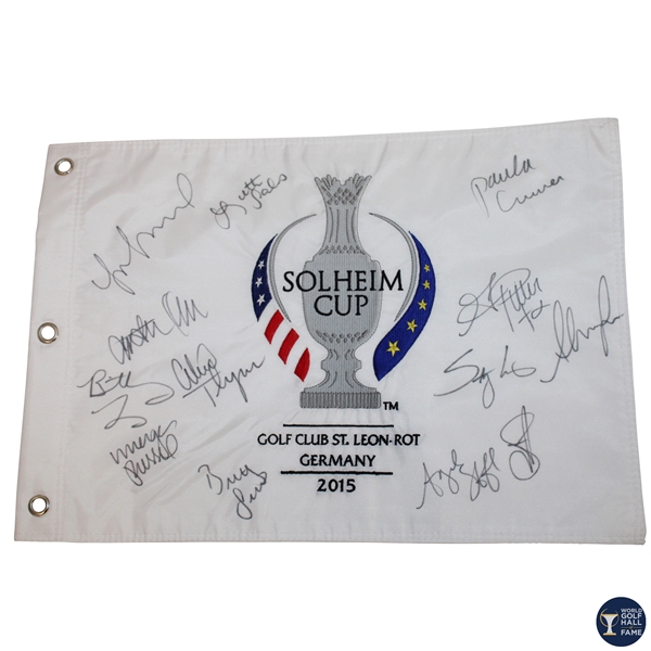 US Team Signed 2015 Solheim Cup at Golf Club St. Lon-Rot Germany Embroidered Flag JSA ALOA