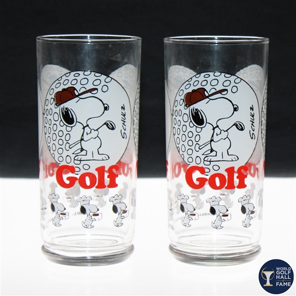 Pair of 1958 Peanuts Snoopy Golfing Themed GOLF Drinking Glasses - WGHoF Collection