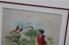 Early 1900's Skirted Golfing Girl And Red Vested Boy Admirer Wood Framed Triple Matted Print