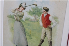 Early 1900's Skirted Golfing Girl And Red Vested Boy Admirer Wood Framed Triple Matted Print
