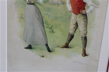Early 1900's Skirted Golfing Girl And Red Vested Boy Admirer Wood Framed Triple Matted Print
