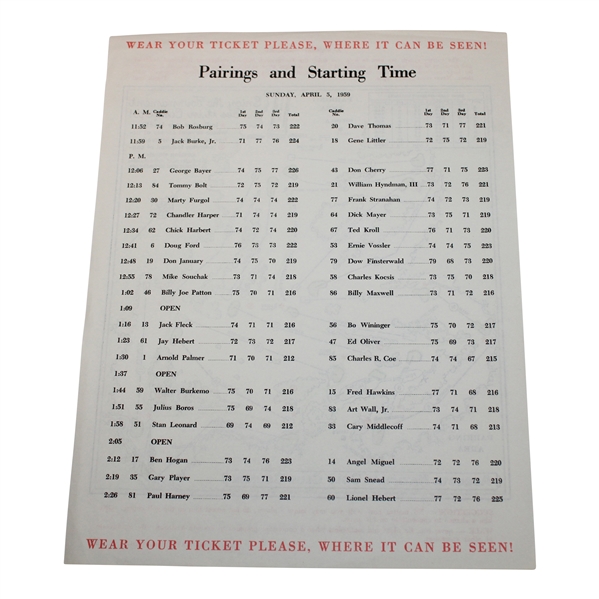 1959 Masters Sunday Pairing Sheet - Jack Nicklaus Masters Tournament Debut