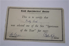 Rand Sportswriters Society Certificate To Bobby Locke