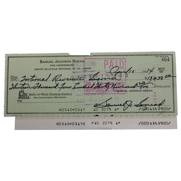 Sam Snead Signed 1974 Personal Check to the IRS for $13,439 JSA ALOA