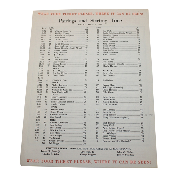 1960 Masters Tournament Official Friday Pairing Sheet - Arnold Palmer Win