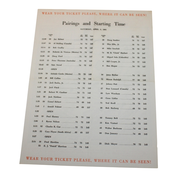 1961 Masters Tournament Saturday 3rd Round Pairing Sheet - Gary Player Win