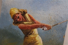 Original 1983 Female Golfer Painting on Board By Artist Pat Preston
