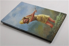 Original 1983 Female Golfer Painting on Board By Artist Pat Preston