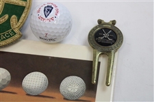 Assorted Badges, Divot Tools, Tees & Golf Balls Including Golf's Holey Rollers' Card