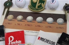 Assorted Badges, Divot Tools, Tees & Golf Balls Including Golf's Holey Rollers' Card