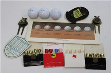 Assorted Badges, Divot Tools, Tees & Golf Balls Including Golf's Holey Rollers' Card