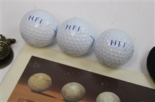 Assorted Badges, Divot Tools, Tees & Golf Balls Including Golf's Holey Rollers' Card