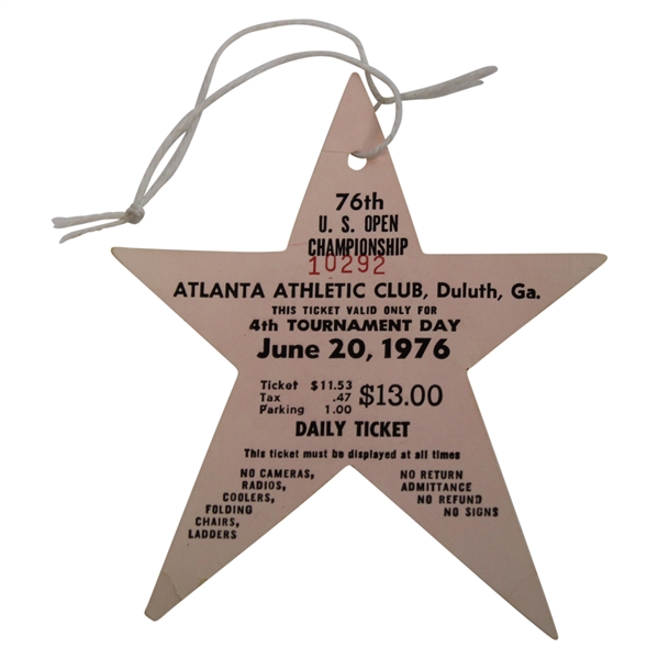 1976 US Open at Atlanta Athletic Club Sunday Final Rd Ticket #10292 - Jerry Pate Winner