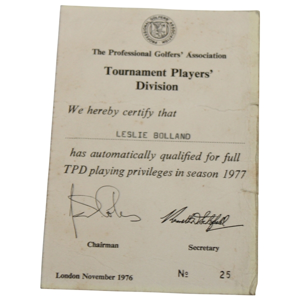 Leslie Bollands 1977 PGA Tournament Players Division Certification Card No. 25