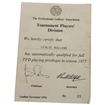 Leslie Bollands 1977 PGA Tournament Players Division Certification Card No. 25