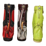 Three (3) Classic Full Size Golf Bags - Red/Tan with Brown/Lime Green