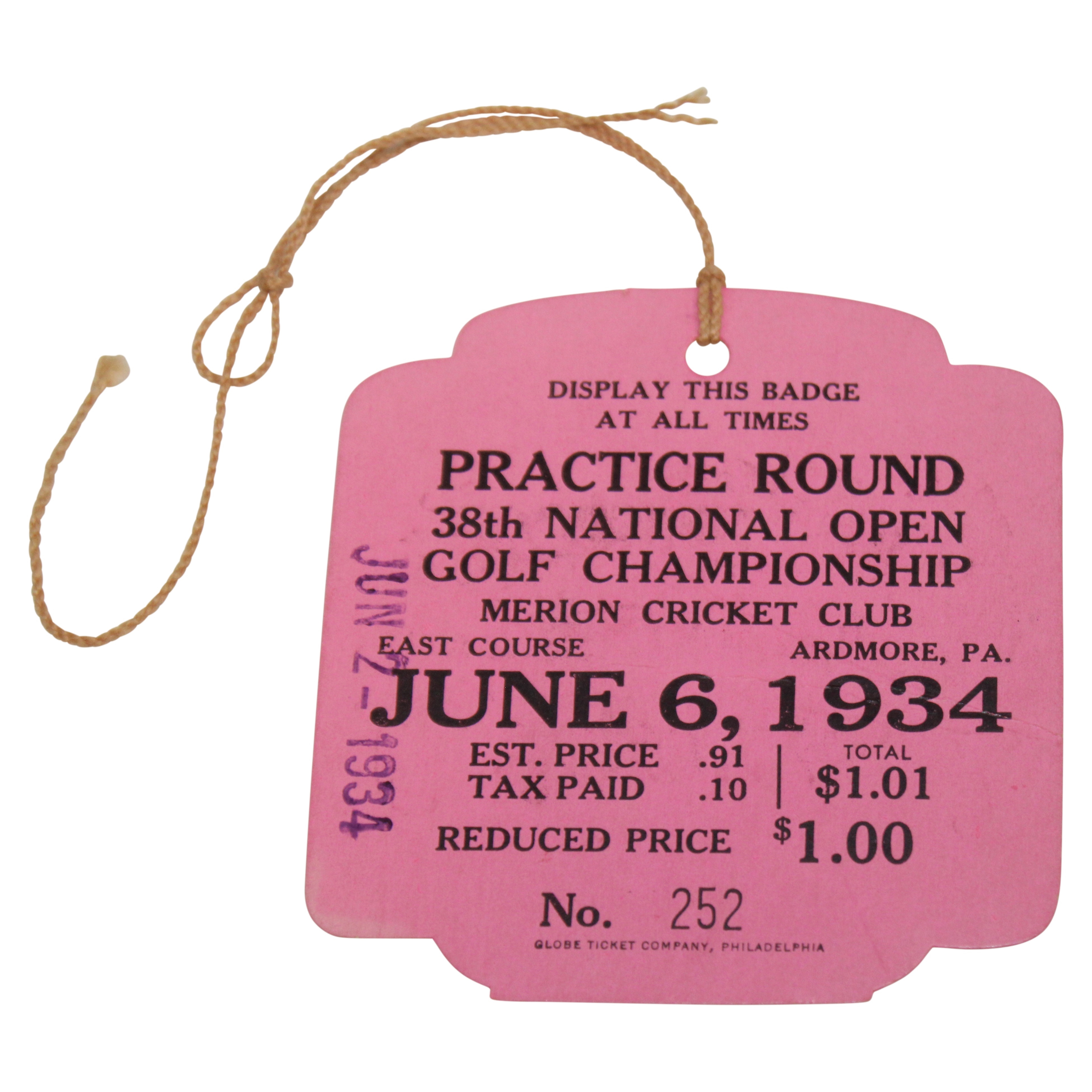 Tickets For Practice Rounds Lot Detail - 1934 US Open at Merion GC Practice Round Ticket w/String