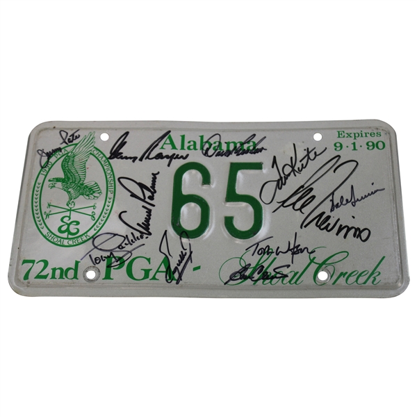 Palmer, Watson Trevino, Player & others Signed 1990 PGA at Shoal Creek License Plate JSA ALOA