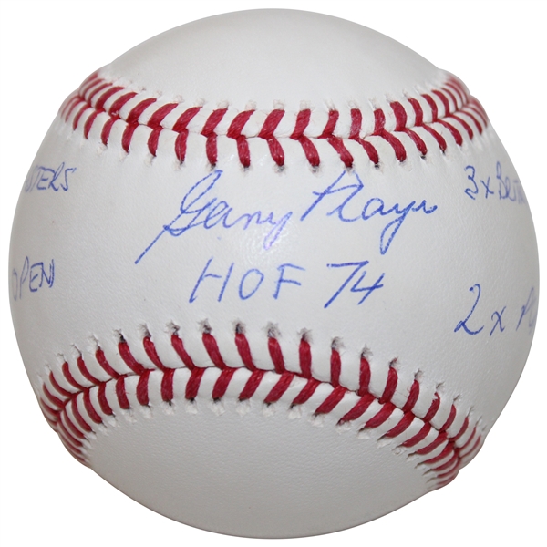 Gary Player Signed MLB Baseball w/HoF 74, 3x Masters, 65 US Open, 3x British Open, 2x PGA Inscr. JSA ALOA