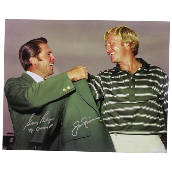 Jack Nicklaus & Gary Player Signed 1975 Masters Jacket Ceremony 16x20 Color Photo JSA ALOA