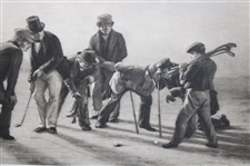1859 'A Summer Evening on the Musselburgh Links: Golfers' Monochrome Photogravure Charles Lee - Framed