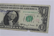 Joe Dimaggio Signed 1963 United States Dollar $1.00 Bill Legal Tender JSA ALOA