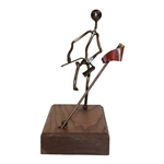 Angry Metal Golfer Statue Metal Bending Club Over Knee on Wood Base with Ball & Flagstick