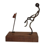 Angry Metal Golfer Statue Metal Bending Club Over Knee on Wood Base with Ball & Flagstick