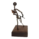 Angry Metal Golfer Statue Metal Bending Club Over Knee on Wood Base with Ball & Flagstick