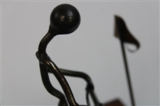 Angry Metal Golfer Statue Metal Bending Club Over Knee on Wood Base with Ball & Flagstick