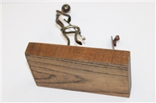 Angry Metal Golfer Statue Metal Bending Club Over Knee on Wood Base with Ball & Flagstick