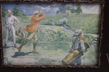 Red Coat Golfer Teeing Off 'The Drive Off' with Ornate Crossed Clubs & Golf Balls Frame