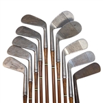 c.1920's Symons Golf Shop San Antonio Stainless Steel Iron Set by Texas HoFer Will Symons w/Stovepipe Golf Bag